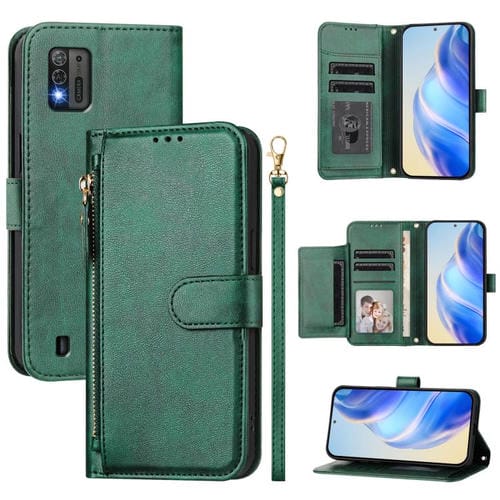 Funda de cuero con cremallera y ranuras para múltiples tarjetas para ZTE Blade A52 Lite (verde)