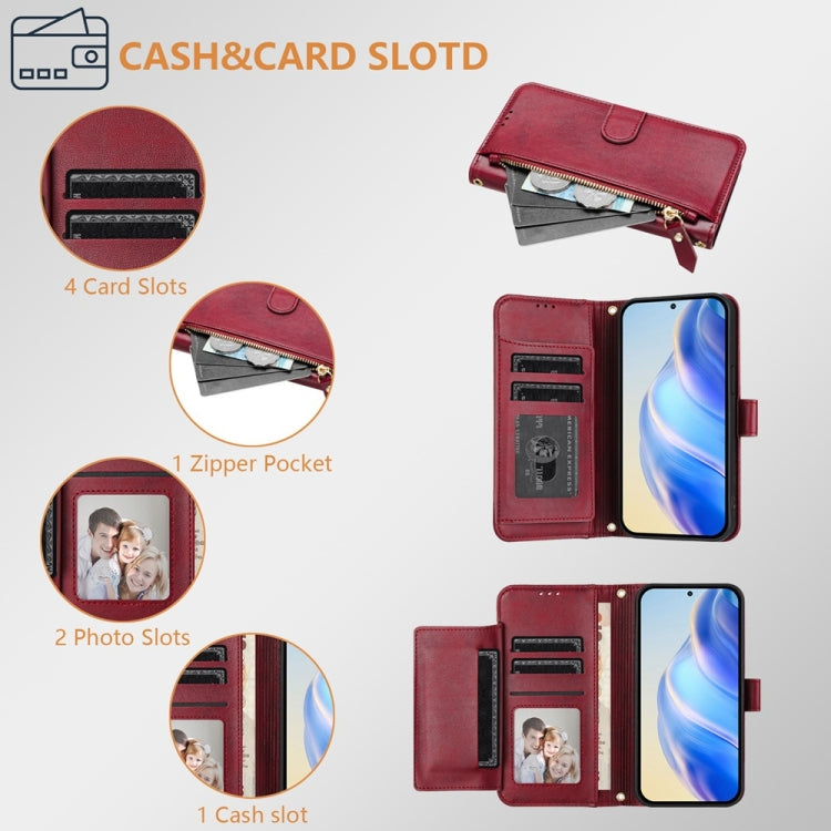 Funda de Cuero Tipo Billetera para Sony Xperia 5 V con Cremallera y Ranuras (Rojo Oscuro)