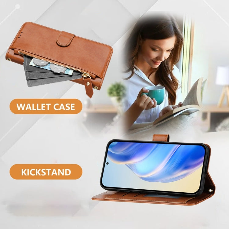Funda de Cuero con Cremallera y Ranuras para Tarjetas para Sony Xperia 10 Vi (Marrón)