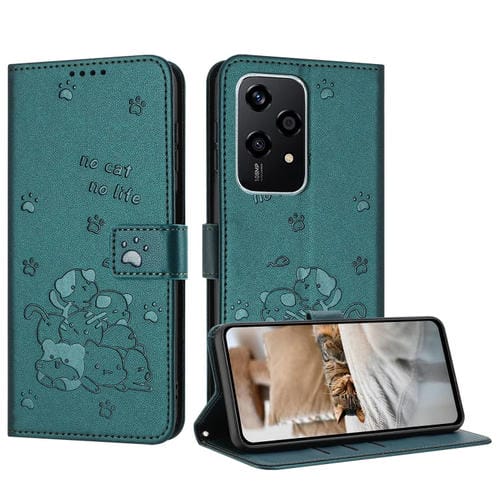 Funda de Cuero con Estampado de Gatito y Cordón para Honor 200 Lite 5G (Verde Oscuro)