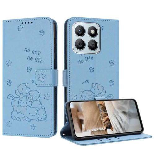 Funda de Cuero para Honor X8B con Diseño de Gatito en Relieve y Cordón (Azul)