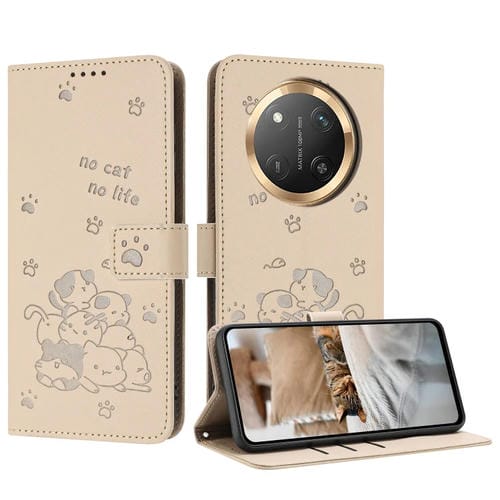 Funda de Piel para Honor X9C con Diseño de Gatito en Relieve y Cordón (Beige)
