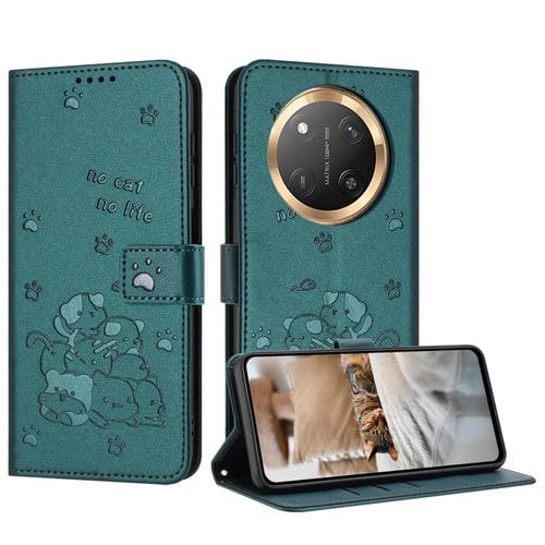 Funda de Piel para Honor X9C con Diseño de Gatito en Relieve y Cordón (Verde Oscuro)