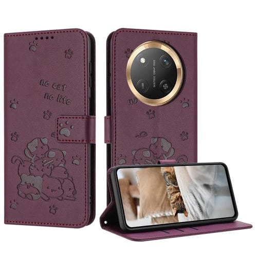 Funda de Piel para Honor X9C con Diseño de Gatito en Relieve y Cordón (Rojo Vino)