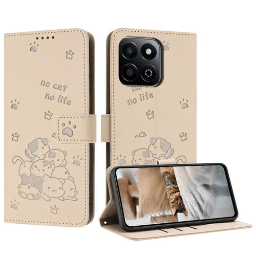Funda de Cuero para Honor X7C 4G/200 con Diseño de Gatito en Relieve y Cordón (Beige)