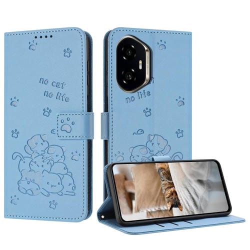Funda de Cuero para Honor 300 con Diseño de Gatito en Relieve y Cordón (Azul)