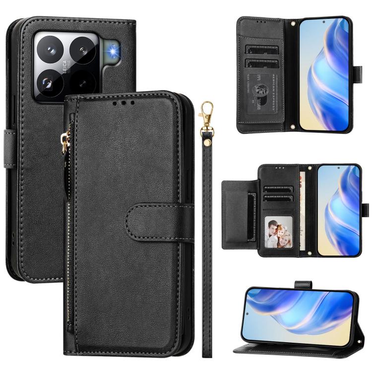 Funda de cuero con cremallera y ranuras para múltiples tarjetas para Xiaomi 15S Pro (negra)