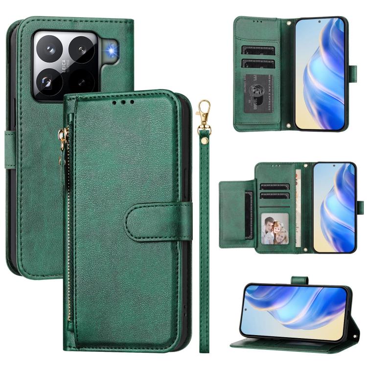 Funda de cuero con cremallera y ranuras para múltiples tarjetas para Xiaomi 15S Pro (verde)