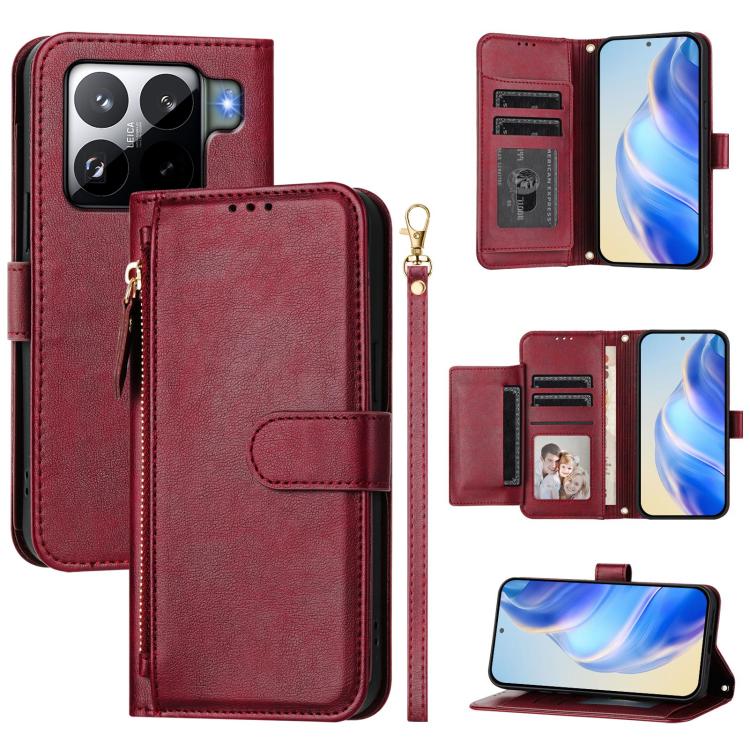 Funda de cuero con cremallera y ranuras para múltiples tarjetas para Xiaomi 15S Pro (rojo oscuro)