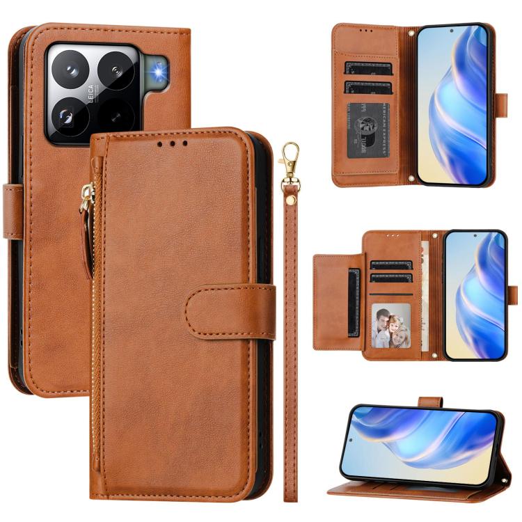 Funda de cuero con cremallera y ranuras para múltiples tarjetas para Xiaomi 15S Pro (marrón)