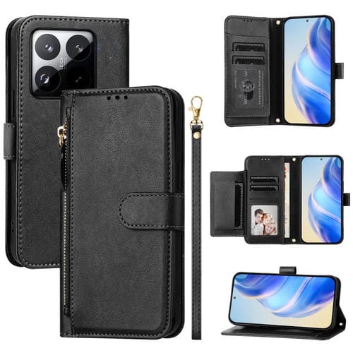Funda de cuero con cremallera y ranuras para múltiples tarjetas para Xiaomi 15T 5G (negro)