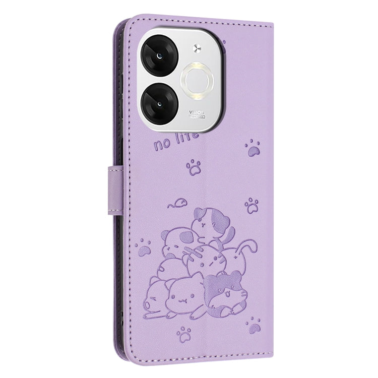 Funda de Cuero con Cordón para Teléfono Itel A80 con Diseño de Gatito en Relieve (Morado)