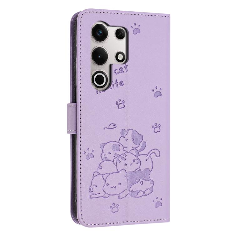 Funda de Cuero Itel S25 Ultra con Diseño de Gatito en Relieve y Cordón (Morado)