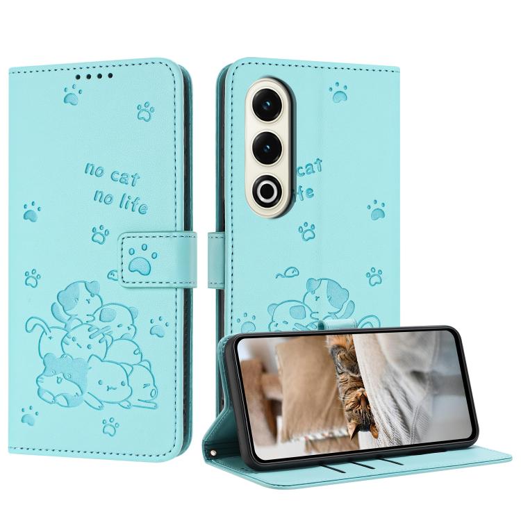 Funda de Cuero con Cordón para Itel S25 con Gatito en Relieve (Verde Menta)