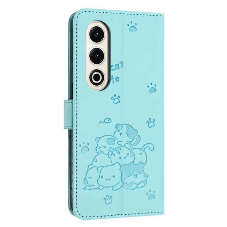 Funda de Cuero con Cordón para Itel S25 con Gatito en Relieve (Verde Menta)