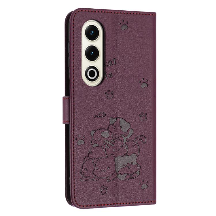 Funda de Cuero con Cordón para Teléfono Itel S25 con Gatito en Relieve (Rojo Vino)