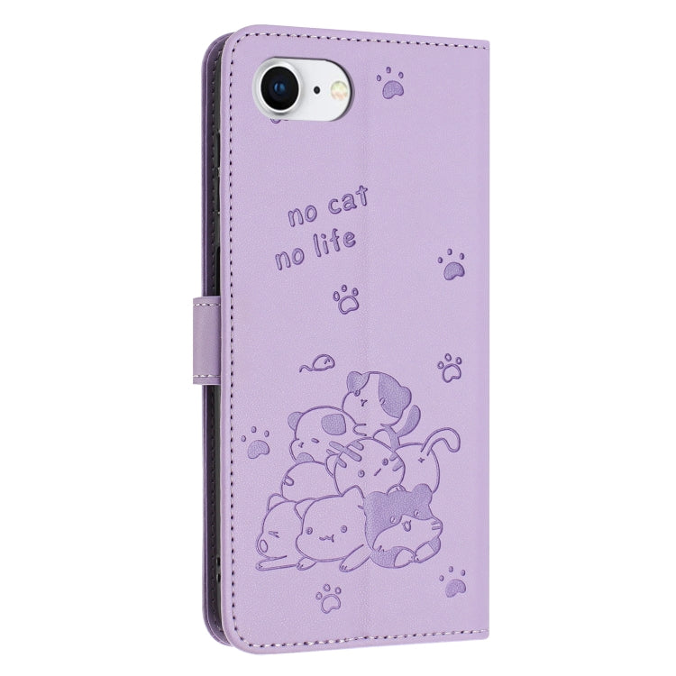Funda de Piel iPhone 16E Forma de Gatito En Relieve con Cordón (Morado)