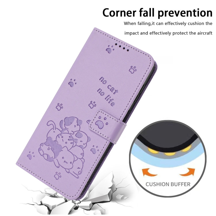 Funda de Piel iPhone 16E Forma de Gatito En Relieve con Cordón (Morado)