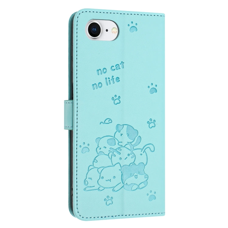Funda de Piel para iPhone 16E con Forma de Gatito En Relieve y Cordón (Verde Menta)
