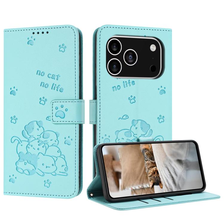 Funda de piel con diseño de gatito en relieve para iPhone 17 Pro con cordón (verde menta)