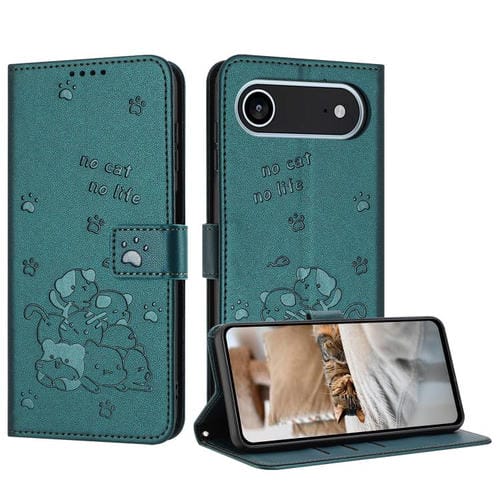 Funda de piel con diseño de gatito en relieve para iPhone 17 con cordón (verde oscuro)