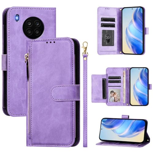 Funda de Cuero con Cremallera y Ranuras para Múltiples Tarjetas para Honor 50 Lite (Morado)
