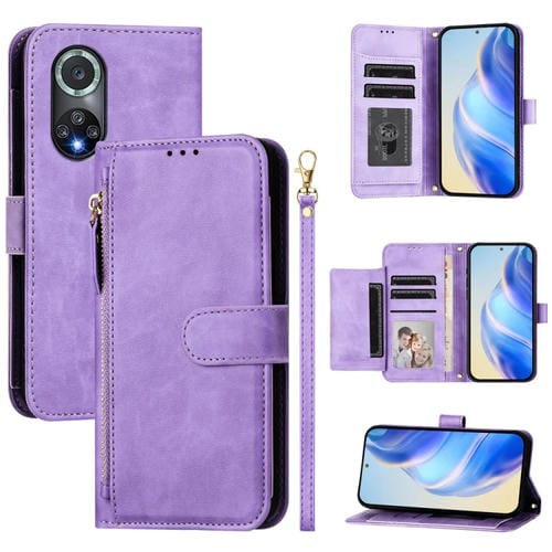 Funda de Cuero con Cremallera y Ranuras para Múltiples Tarjetas para Honor 50 Pro (Morada)
