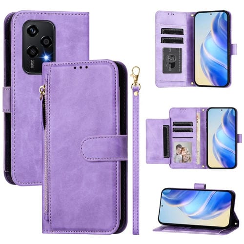 Funda de Cuero con Cremallera y Ranuras para Tarjetas para Honor 200 Lite (Morado)