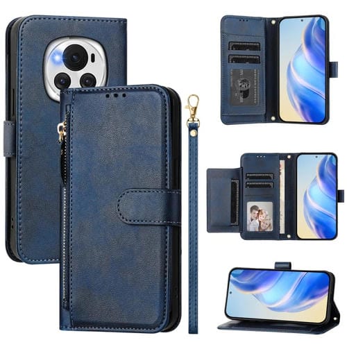 Funda de Cuero con Cremallera y Ranuras para Tarjetas para Honor Magic6 5G (Azul)