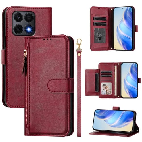 Funda de Cuero con Cremallera y Ranuras para Múltiples Tarjetas para Honor X8A (Rojo Oscuro)