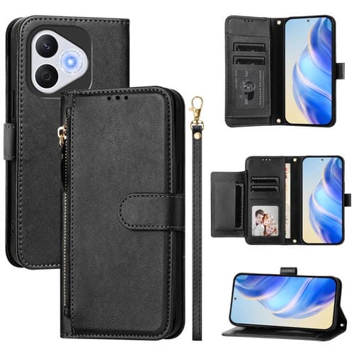 Funda de Cuero con Cremallera y Ranuras para Múltiples Tarjetas para Honor 400 Lite (Negra)