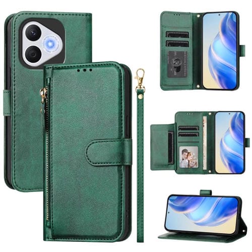 Funda de Cuero con Cremallera y Ranuras para Múltiples Tarjetas para Honor 400 Lite (Verde)