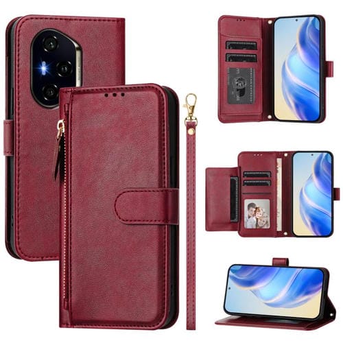 Funda de Cuero con Cremallera y Ranuras para Tarjetas para Honor 400 (Rojo Oscuro)