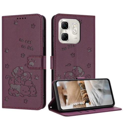 Funda de Cuero Infinix Smart 9 5G Hot 50I 5G Diseño Gatito En Relieve con Cordón (Rojo Vino)