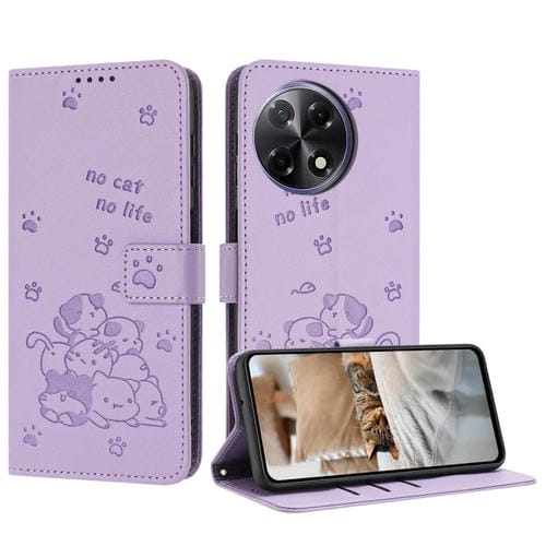 Funda de Cuero para Tecno Camon 30S con Diseño de Gatito en Relieve y Cordón (Morado)