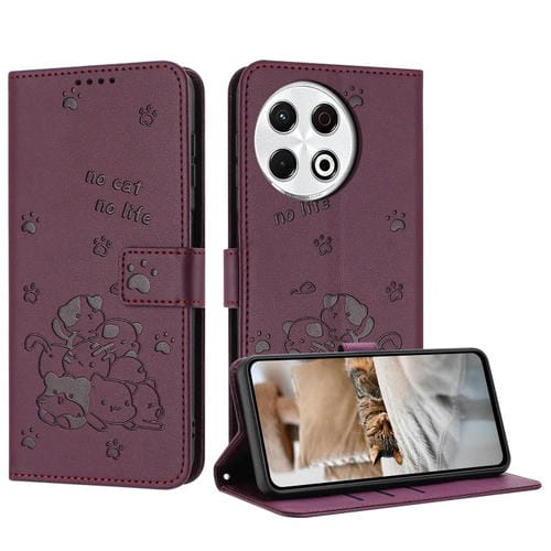Funda de Cuero para Tecno Spark 30 Pro con Diseño de Gatito En Relieve y Cordón (Rojo Vino)