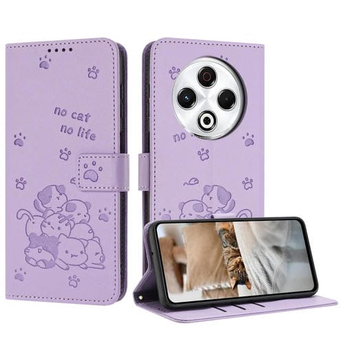 Funda de Cuero para Tecno Spark 30 4G con Diseño de Gatito en Relieve y Cordón (Morado)