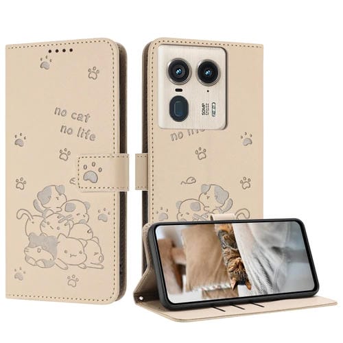 Funda de Cuero Motorola Edge 50 Ultra con Diseño de Gatito en Relieve y Cordón (Beige)