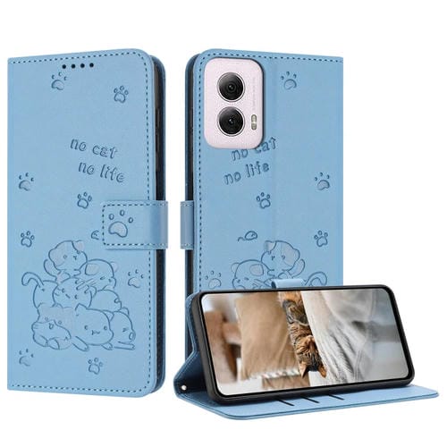 Funda de Cuero Motorola Moto G Power 5G 2024 con Diseño de Gatito En Relieve y Cordón (Azul)