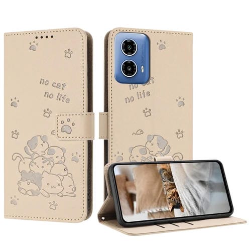Funda de Cuero Motorola Moto G Stylus 5G (2024) con Diseño de Gatito y Cordón (Beige)