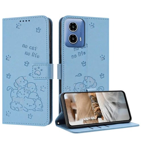 Funda de Cuero para Motorola Moto G34 con Diseño de Gatito en Relieve y Cordón (Azul)