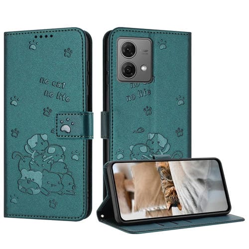 Funda de Cuero Motorola Moto G84 con Diseño de Gatito en Relieve y Cordón (Verde Oscuro)
