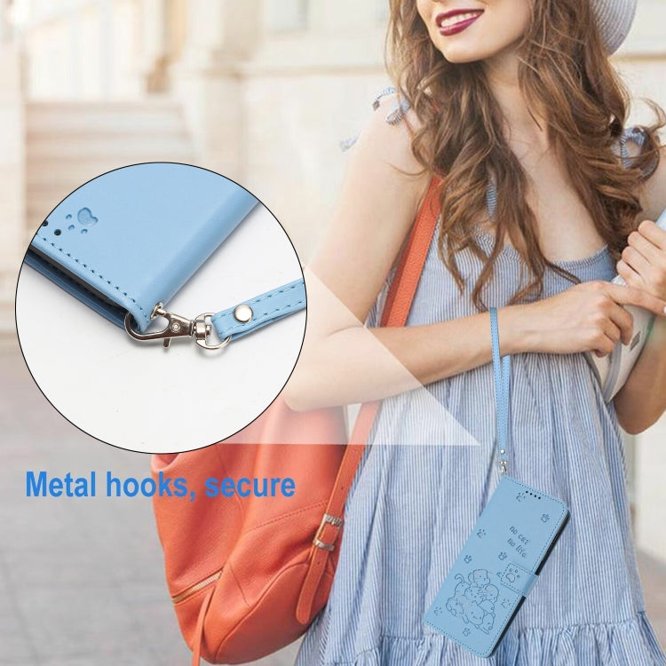 Funda de Cuero para Sony Xperia 1 V (2023) con Diseño de Gatito En Relieve y Cordón (Azul)