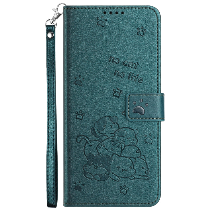 Funda de Cuero Sony Xperia 1 V (2023) Diseño Gatito En Relieve con Cordón (Verde Oscuro)