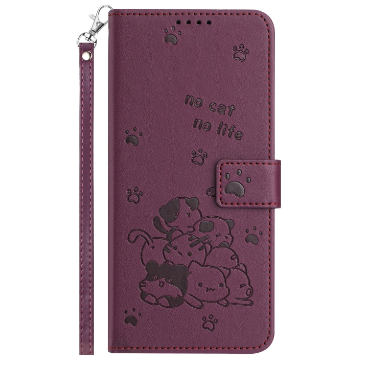 Funda de Cuero Sony Xperia 1 Vi con Diseño de Gatito En Relieve y Cordón (Rojo Vino)