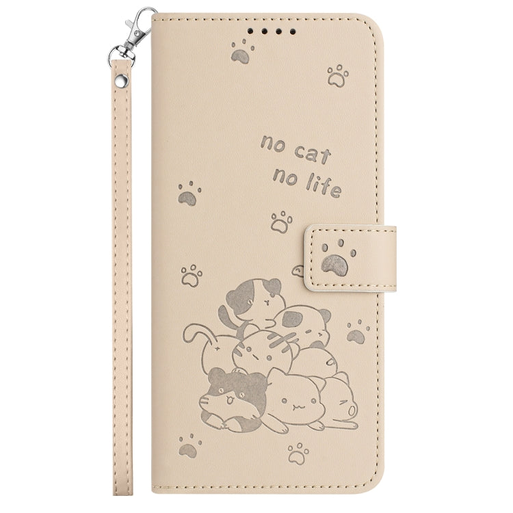 Funda de Cuero Sony Xperia 1 IV con Diseño de Gatito en Relieve y Cordón (Beige)