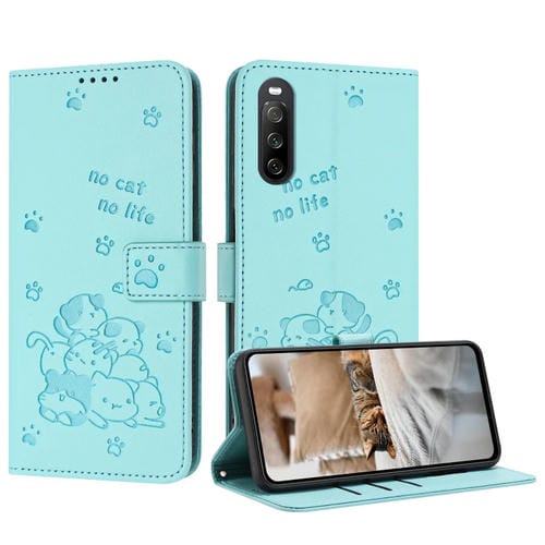 Funda de Cuero Sony Xperia 10 IV con Diseño de Gatito En Relieve y Cordón (Verde Menta)