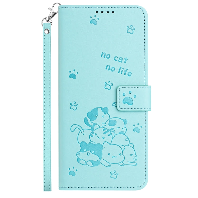 Funda de Cuero Sony Xperia 10 IV con Diseño de Gatito En Relieve y Cordón (Verde Menta)