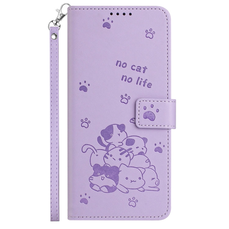Funda de Piel para Sony Xperia 10 V (2023) con Diseño de Gatito en Relieve y Cordón (Morado)