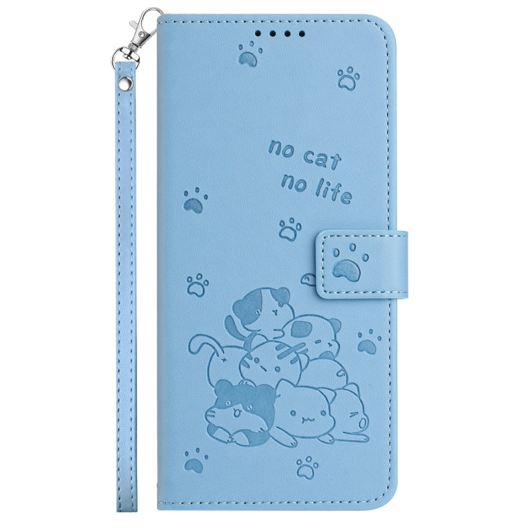 Funda de Piel para Sony Xperia 10 V (2023) con Diseño de Gatito en Relieve y Cordón (Azul)